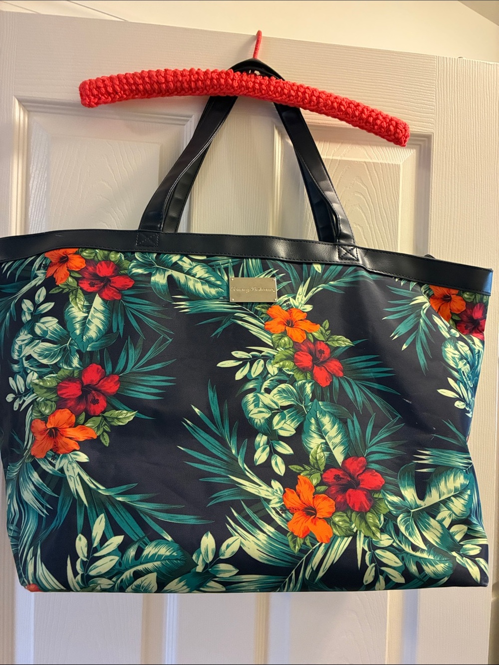 Tommy Bahama Navy Tote with Red & Orange Floral Print
